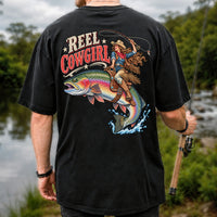 Reel Cowgirl Riding a Rainbow Trout Fly Fishing T-Shirt | Back Print