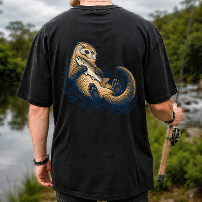 Cute Otter Holding Fish Hand Drawn Fishing Graphic T-Shirt | Back Print