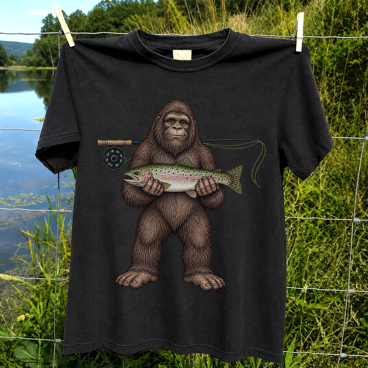 Bigfoot Holding Rainbow Trout Fly Fishing Graphic T-Shirt