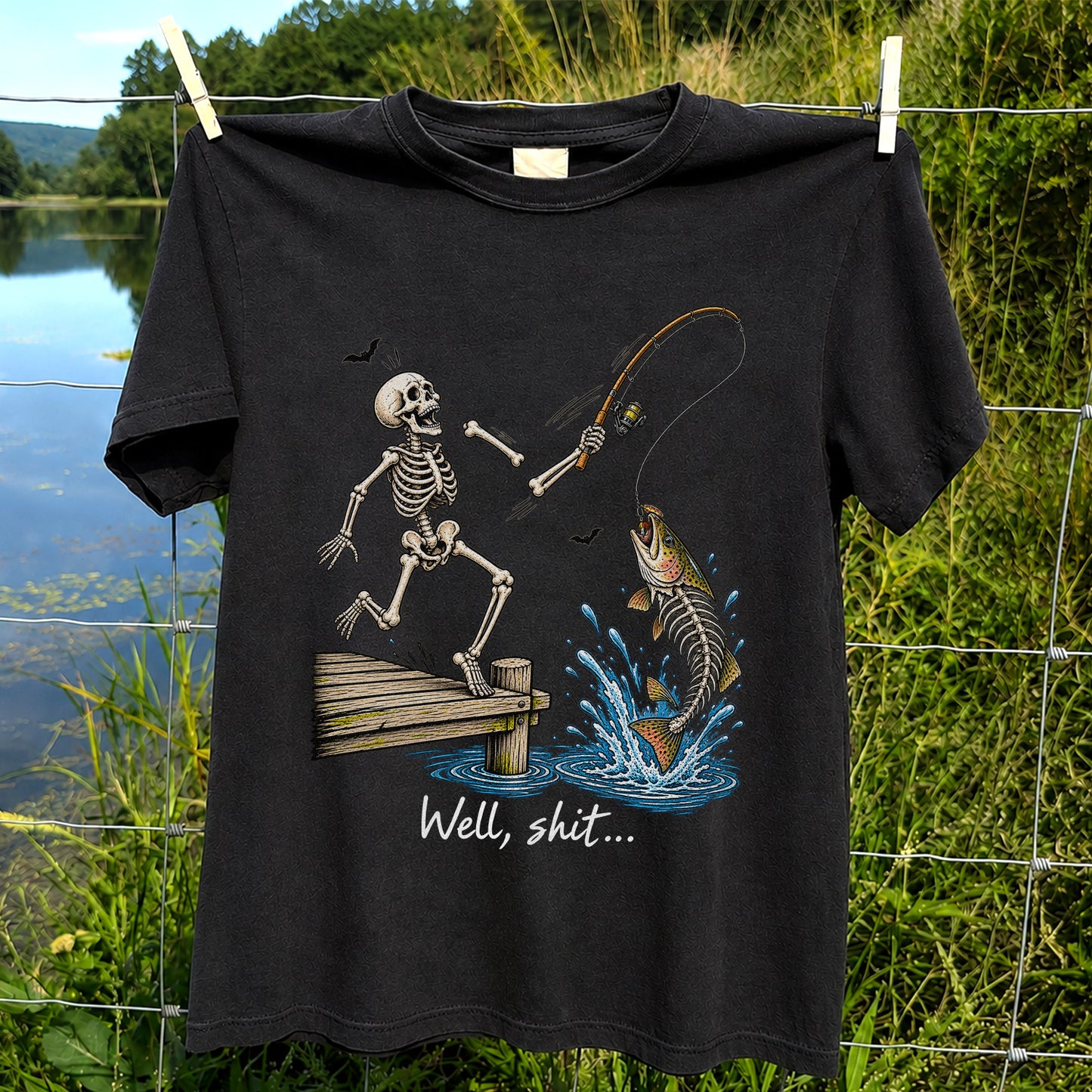 Well, Shit Skeleton Fishing Funny Graphic T-Shirt
