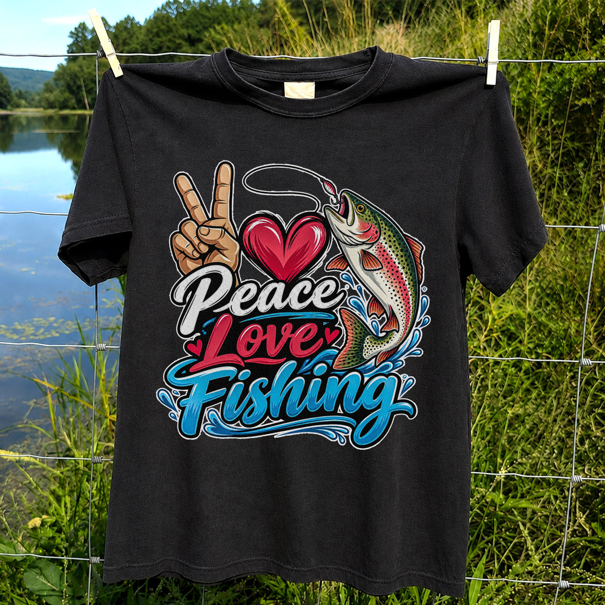 Peace Love Fishing Rainbow Trout and Heart Graphic T-Shirt