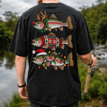 Christmas Trout Antlers Sweater and Lights Fishing T-Shirt | Back Print