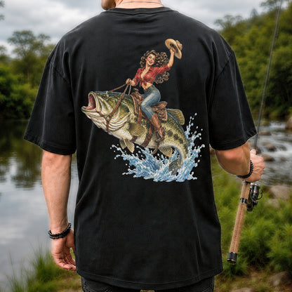 Vintage Cowgirl Riding a Largemouth Bass Fishing Graphic T-Shirt | Back Print