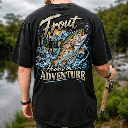 Trout Hooked on Adventure Mountain Fly Fishing T-Shirt | Back Print