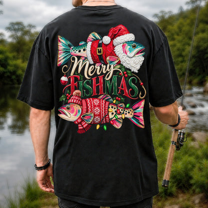 Merry Fishmas Santa Fish Christmas Fishing Graphic T-Shirt | Back Print