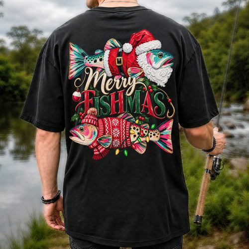 Merry Fishmas Santa Fish Christmas Fishing Graphic T-Shirt | Back Print