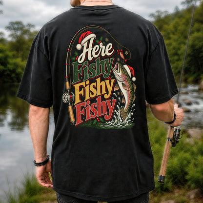 Here Fishy Fishy Fishy Christmas Rainbow Trout Fishing T-Shirt | Back Print