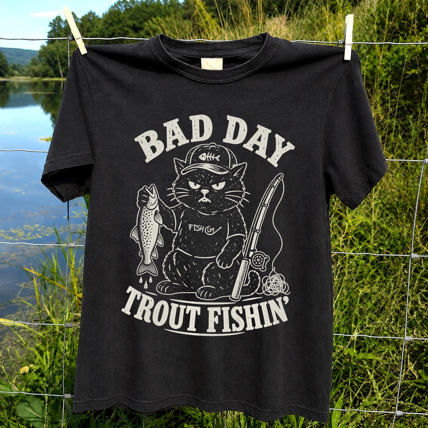 Bad Day Trout Fishin' Fish On Grumpy Black Cat Funny Fishing T-Shirt