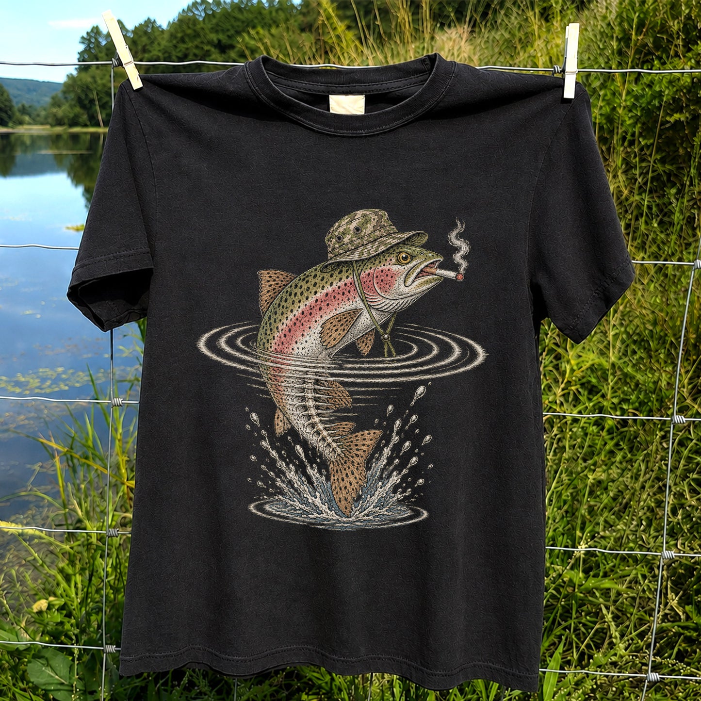Cigar Smoking Trout in Fishing Hat Graphic T-Shirt
