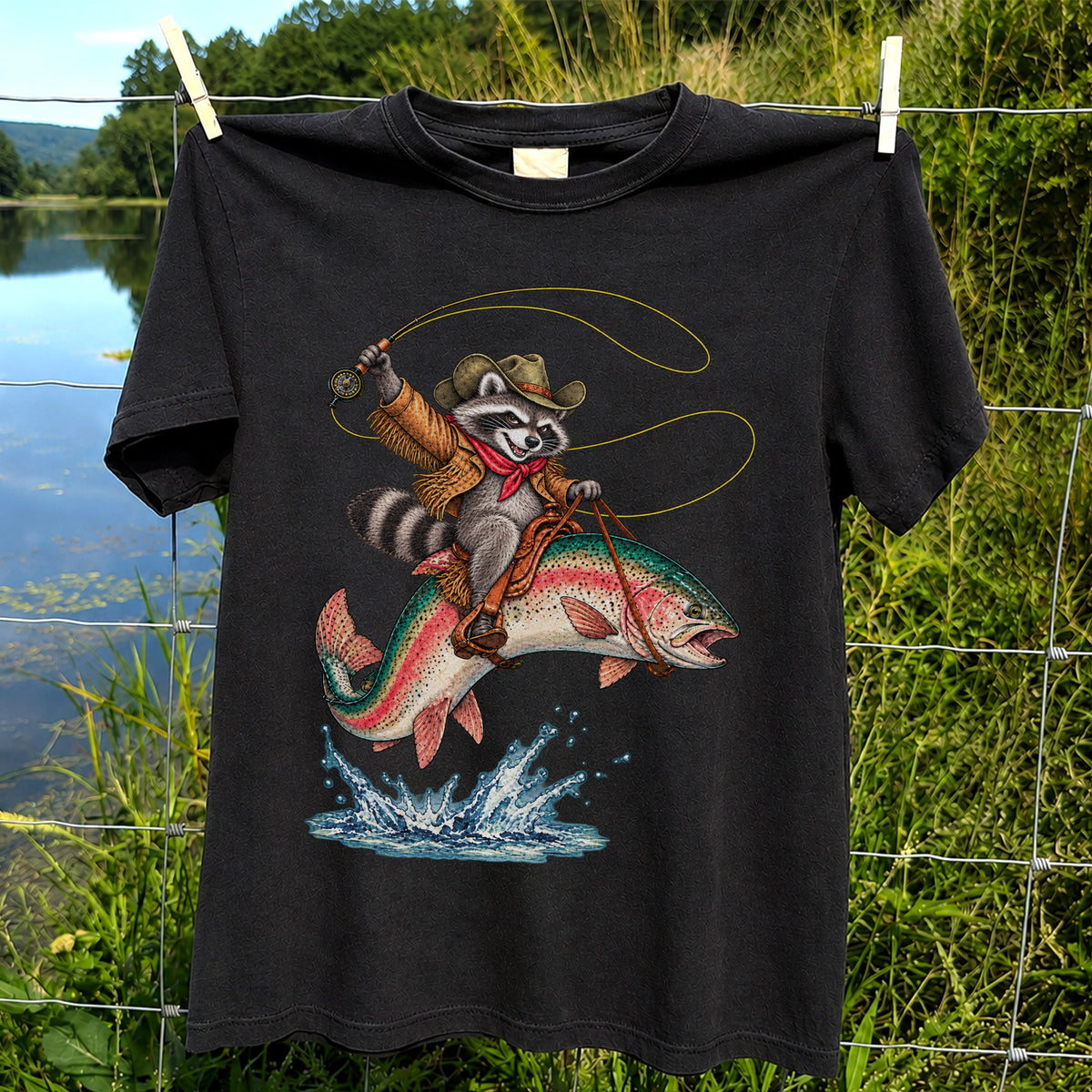 Cowboy Raccoon Riding a Rainbow Trout Fishing Graphic T-Shirt