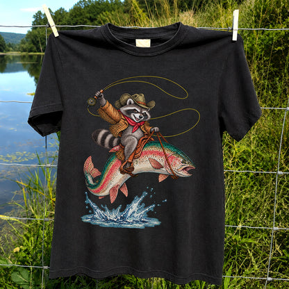 Cowboy Raccoon Riding a Rainbow Trout Fishing Graphic T-Shirt