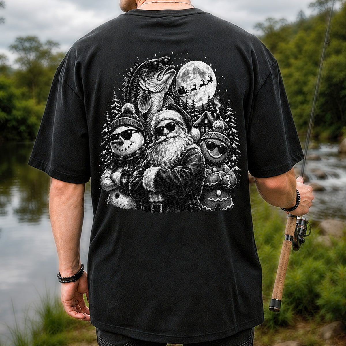 Santa Snowman Gingerbread and Bass Christmas Fishing T-Shirt | Back Print