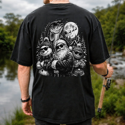 Santa Snowman Gingerbread and Bass Christmas Fishing T-Shirt | Back Print