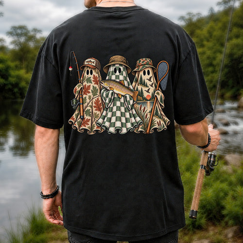 Autumn Ghost Trio with Brown Trout Halloween Fishing T-Shirt | Back Print