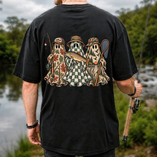 Autumn Ghost Trio with Brown Trout Halloween Fishing T-Shirt | Back Print