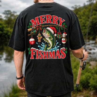 Merry Fishmas Santa Bass Christmas Fishing Graphic T-Shirt | Back Print
