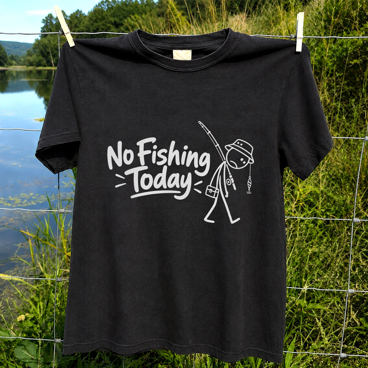 No Fishing Today Funny Stick Figure Angler Graphic T-Shirt