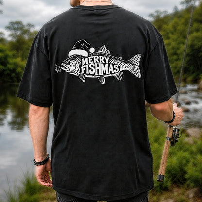 Merry Fishmas Black and White Trout Christmas Fishing T-Shirt | Back Print