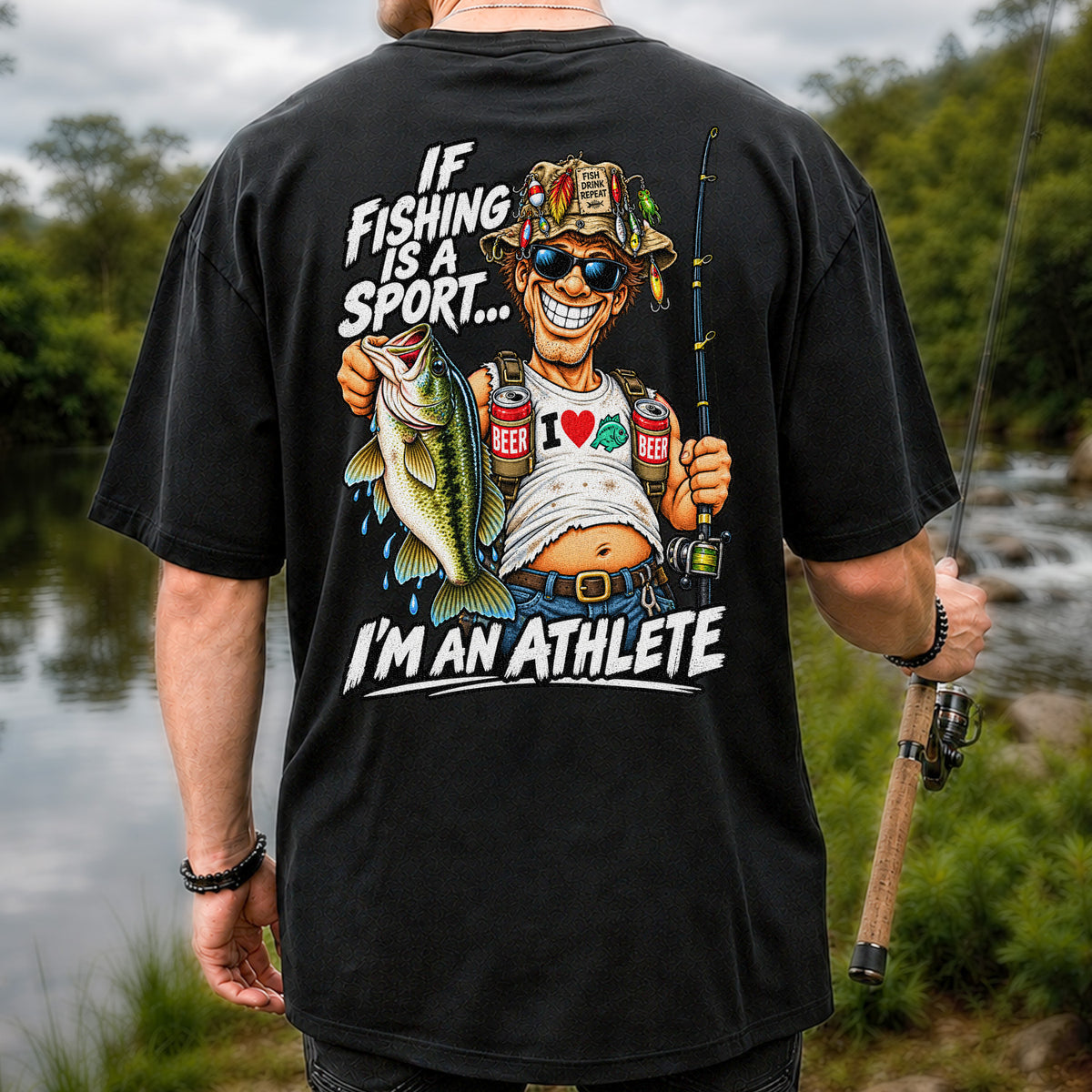 If Fishing Is a Sport I'm an Athlete Funny Bass Angler T-Shirt | Back Print