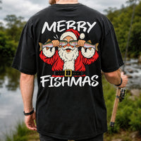 Merry Fishmas Santa Holding Rainbow Trout Christmas Fishing T-Shirt | Back Print