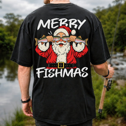 Merry Fishmas Santa Holding Rainbow Trout Christmas Fishing T-Shirt | Back Print