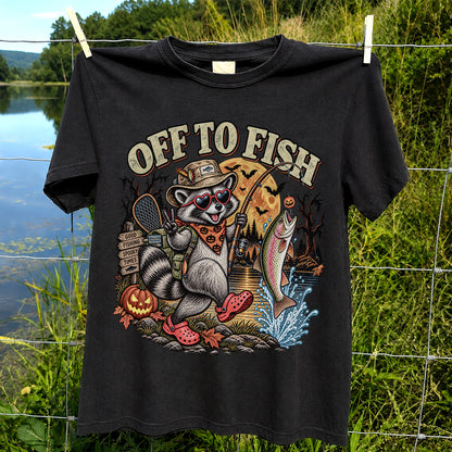 Off to Fish Raccoon and Trout Halloween T-Shirt - Good Fishing Spooky Times