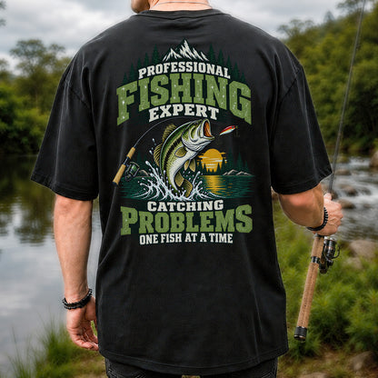 Professional Fishing Expert Catching Problems One Fish at a Time Bass T-Shirt | Back Print