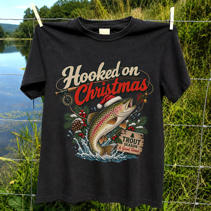 Hooked on Christmas Rainbow Trout in Santa Hat Fishing T-Shirt