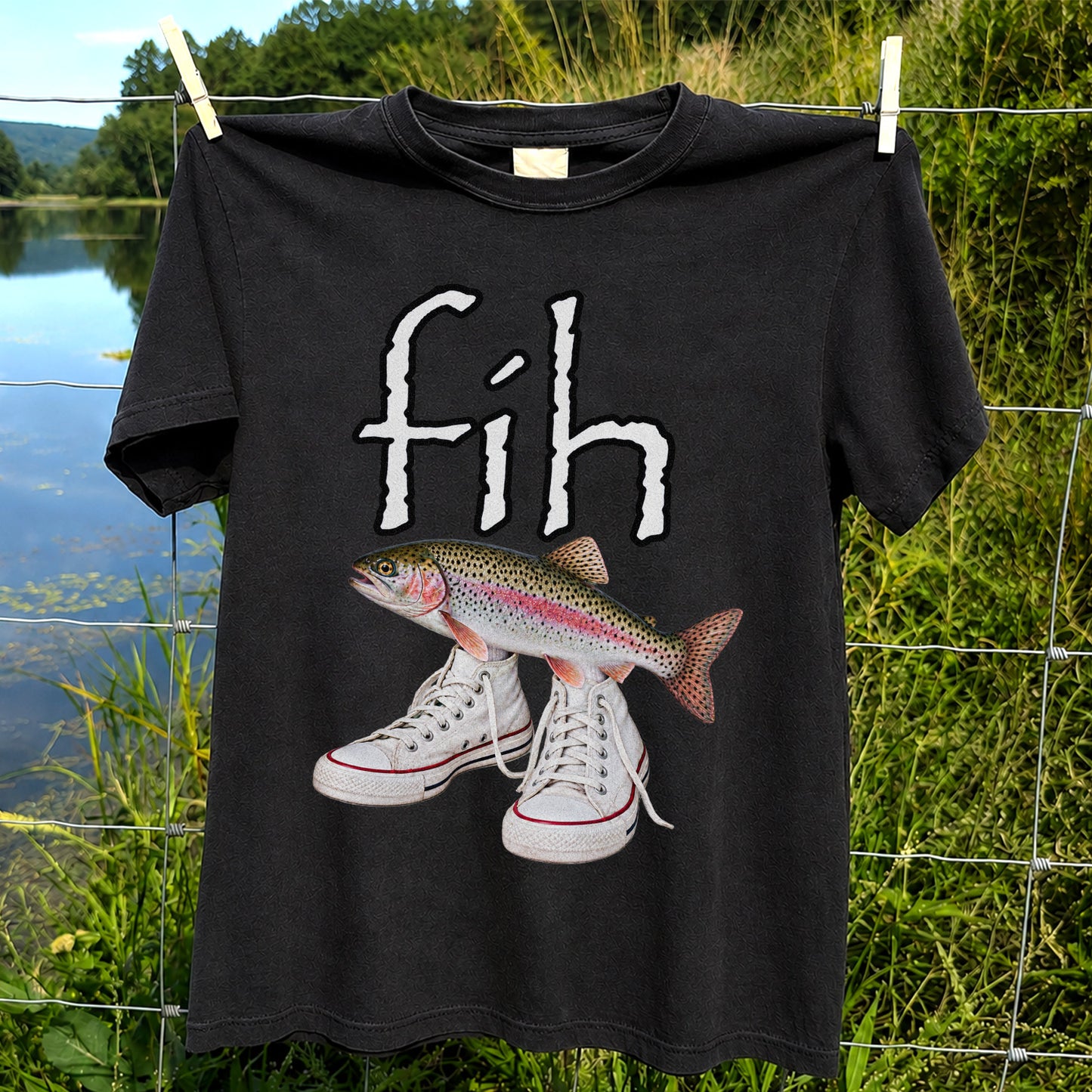 Fih Rainbow Trout Wearing Sneakers Funny Fishing Graphic T-Shirt