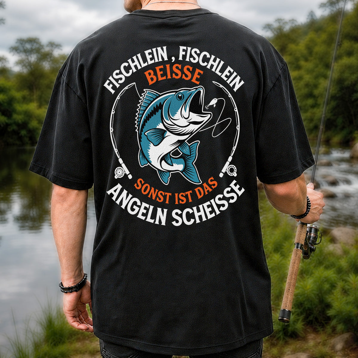 Fischlein Fischlein Beisse Funny Fishing Graphic T-Shirt | Back Print