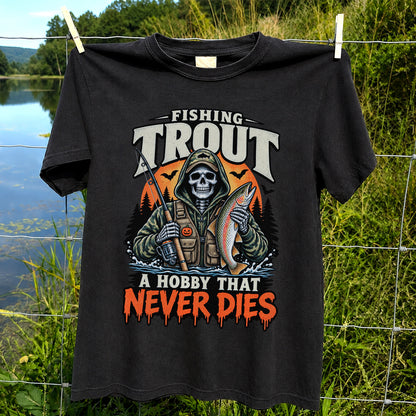 Fishing Trout A Hobby That Never Dies Skeleton Halloween T-Shirt