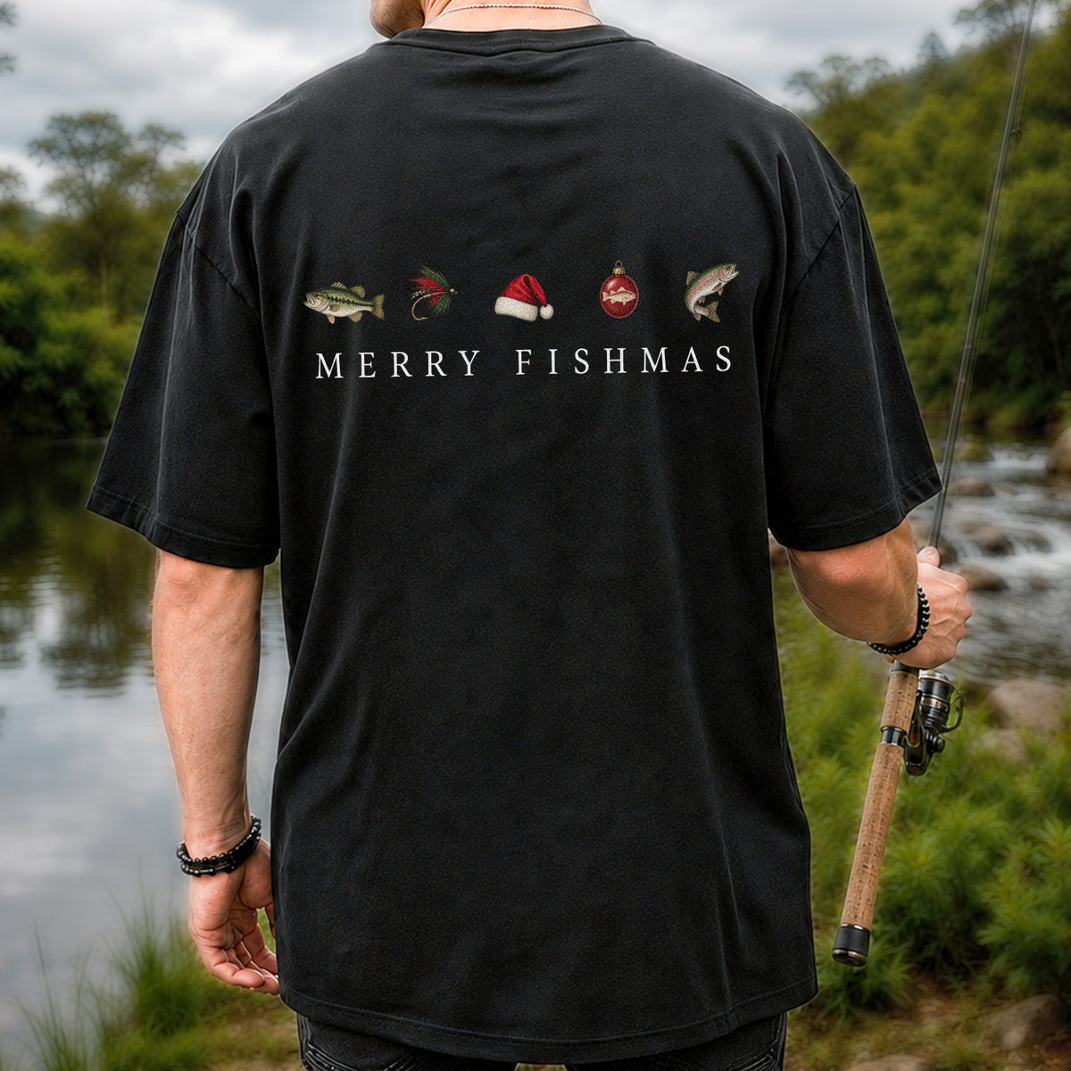Christmas Fish Icons Fishing Graphic T-Shirt | Back Print
