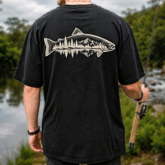 Trout Silhouette with Mountain and Forest Lake Fishing Graphic T-Shirt | Back Print