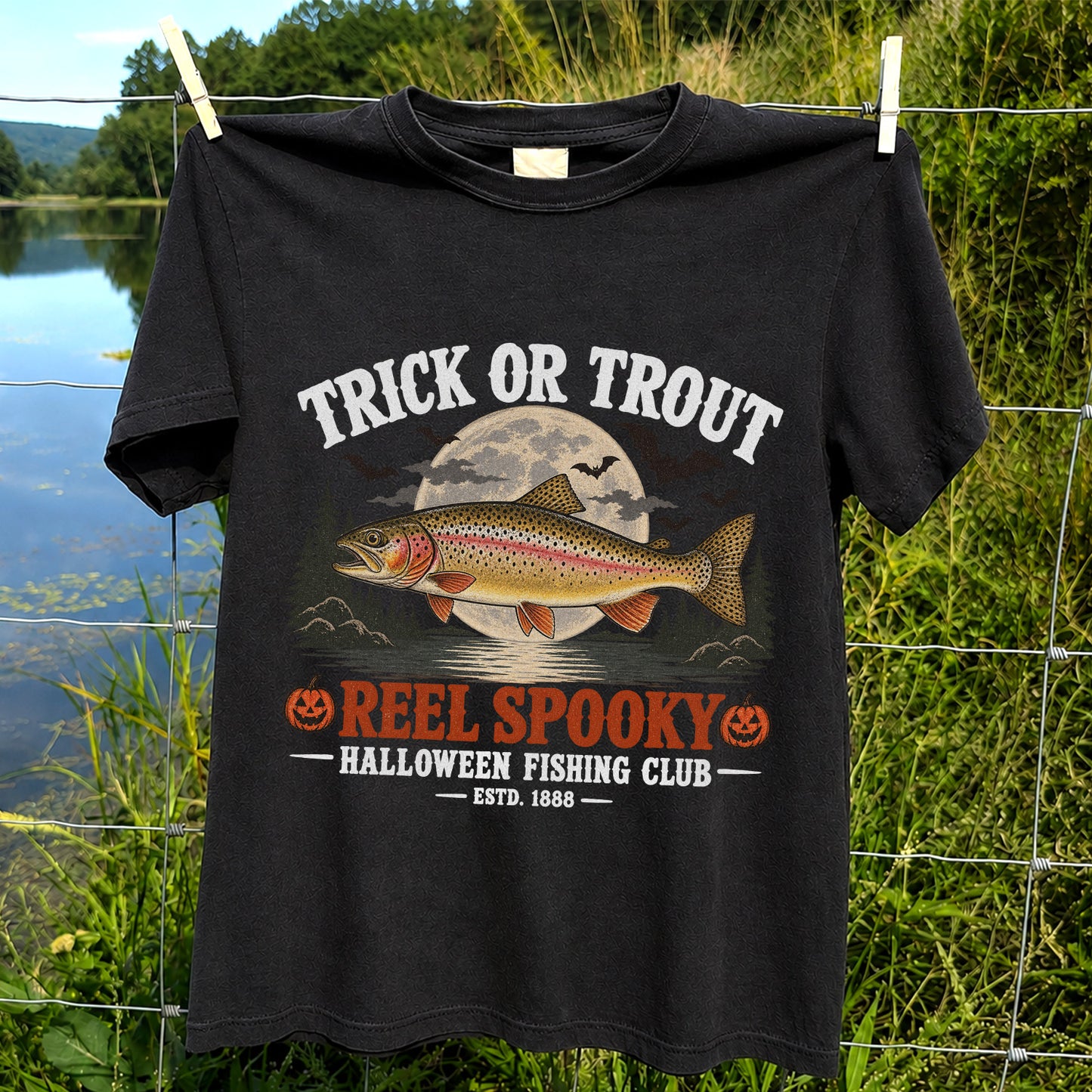 Trick or Trout Reel Spooky Halloween Fishing Club T-Shirt