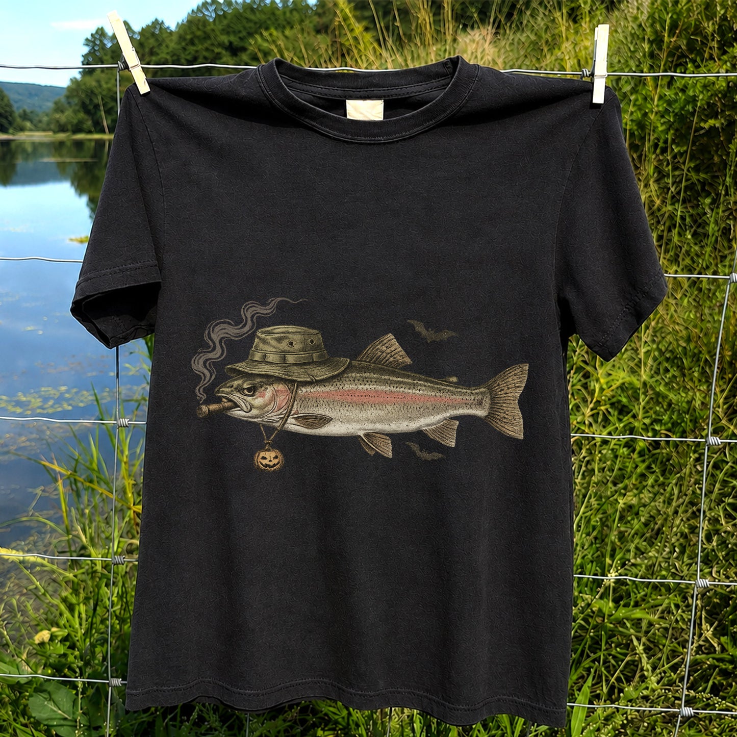 Halloween Trout in Fishing Hat with Pumpkin Charm Graphic T-Shirt