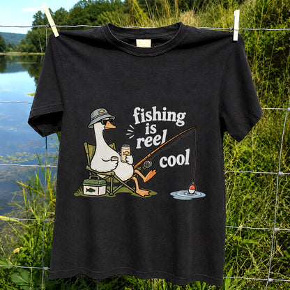 Fishing Is Reel Cool Funny Fishing Goose Graphic T-Shirt