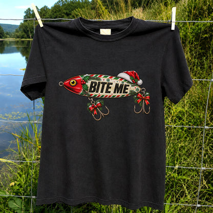 Bite Me Christmas Fishing Lure Funny Graphic T-Shirt
