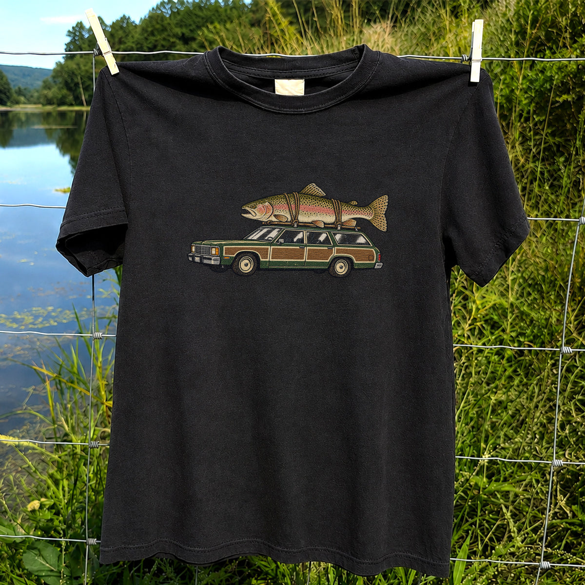 Vintage Station Wagon Carrying Rainbow Trout Fishing T-Shirt