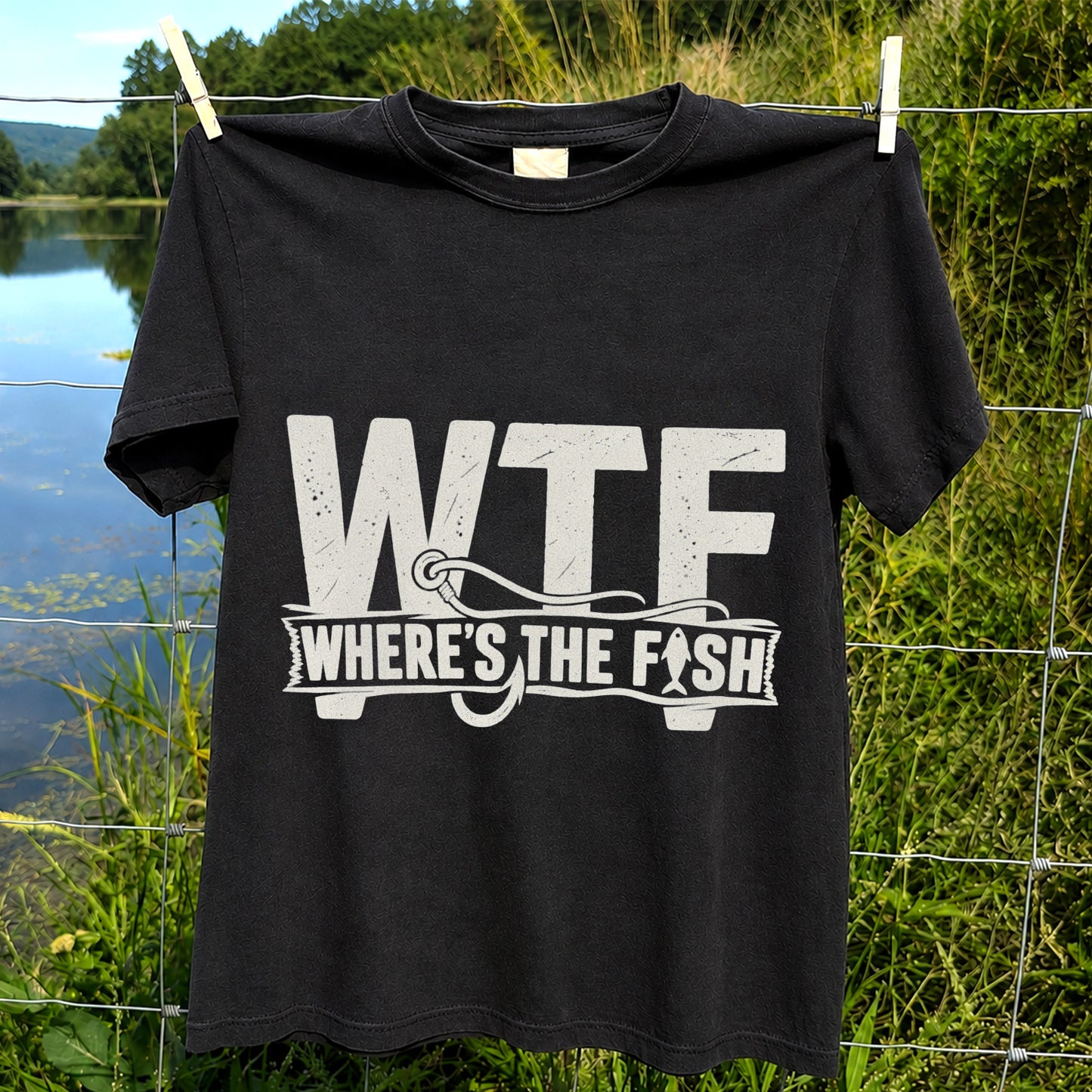 WTF Where's the Fish Funny Fishing Hook T-Shirt