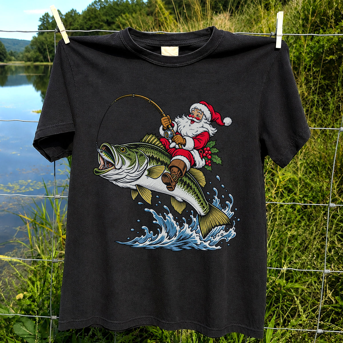Santa Claus Riding a Bass Christmas Fishing Graphic T-Shirt