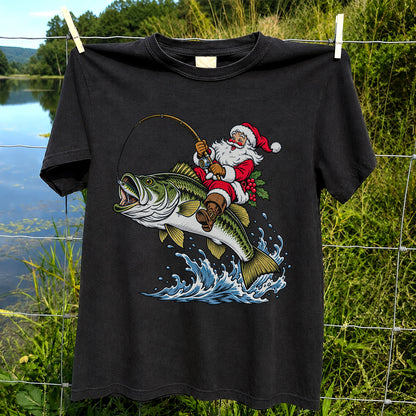 Santa Claus Riding a Bass Christmas Fishing Graphic T-Shirt