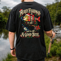 Merry Fishmas to All and to All a Good Bite Christmas Fishing T-Shirt | Back Print