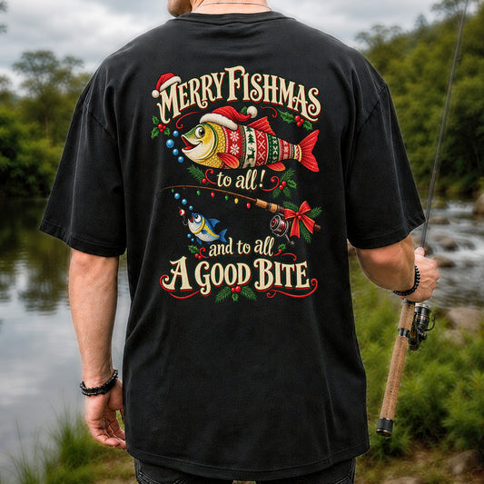 Merry Fishmas to All and to All a Good Bite Christmas Fishing T-Shirt | Back Print