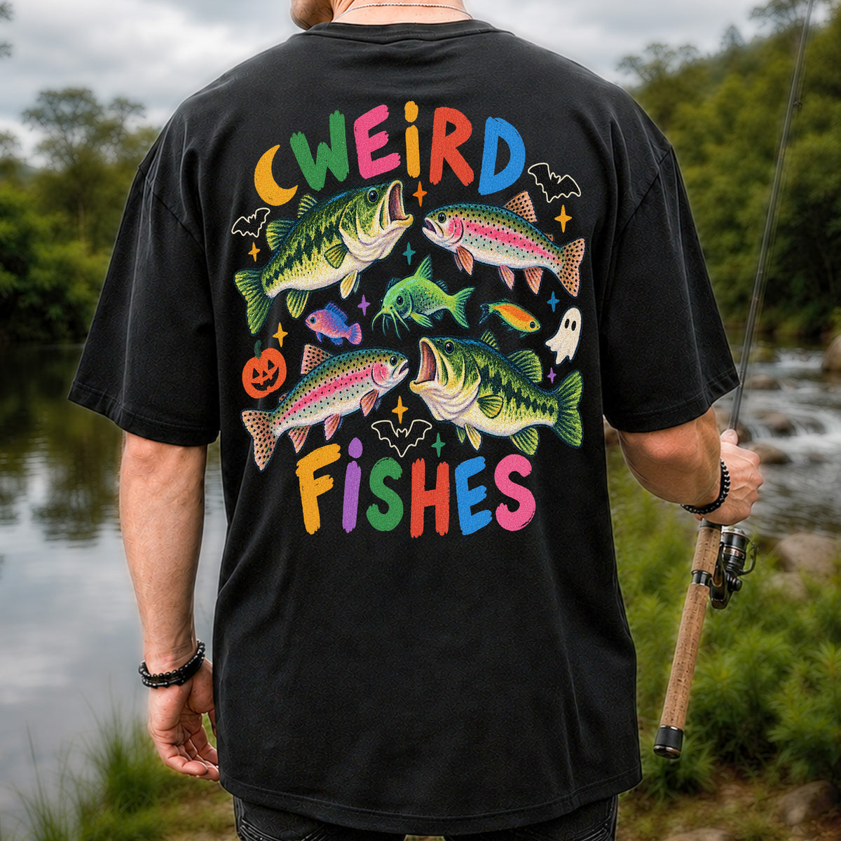 Weird Fishes Halloween Bass and Rainbow Trout Fishing T-Shirt | Back Print