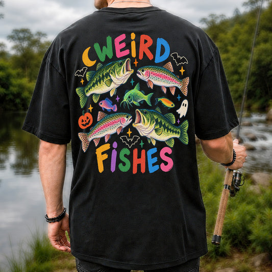 Weird Fishes Halloween Bass and Rainbow Trout Fishing T-Shirt | Back Print