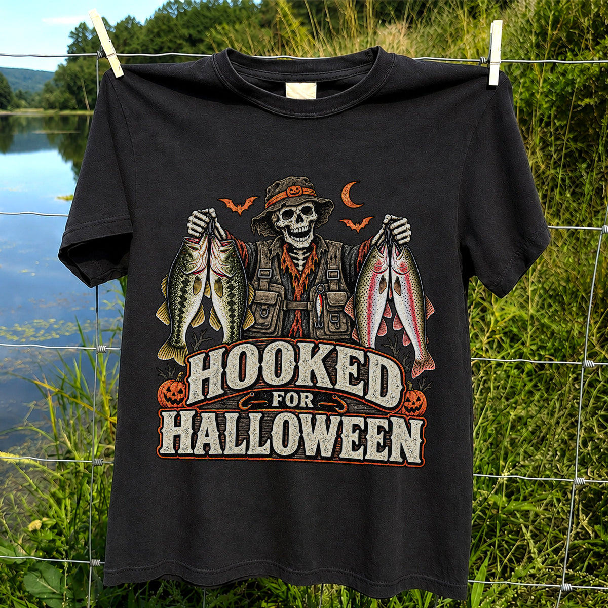 Hooked for Halloween Skeleton Angler with Bass and Trout Fishing T-Shirt