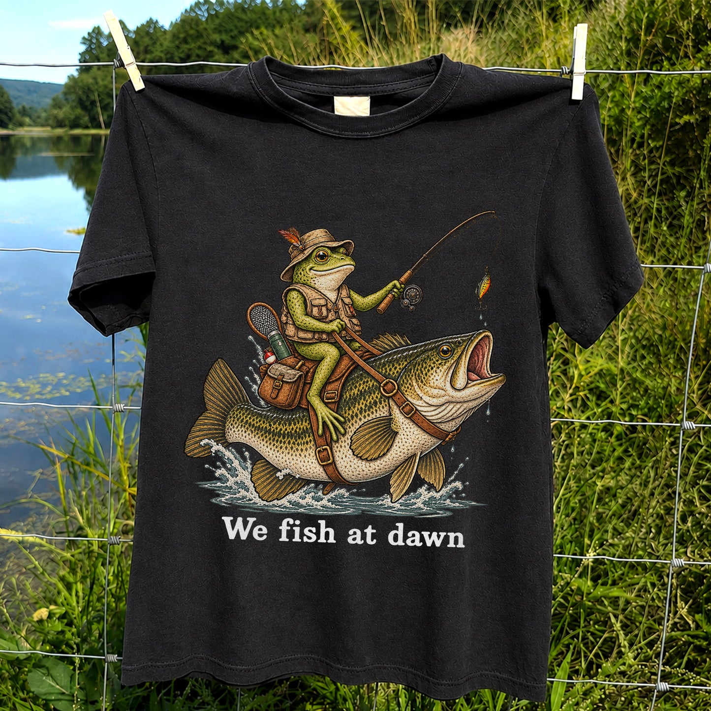 We Fish at Dawn Frog Riding Largemouth Bass Funny Fishing T-Shirt