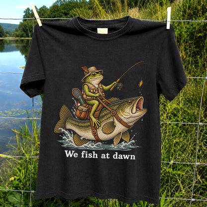 We Fish at Dawn Frog Riding Largemouth Bass Funny Fishing T-Shirt