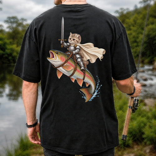 Cat Knight Riding a Rainbow Trout Fishing Graphic T-Shirt | Back Print