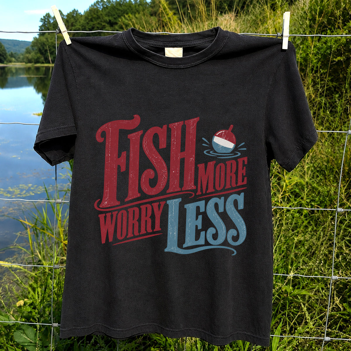 Fish More Worry Less Vintage Bobber Fishing Graphic T-Shirt